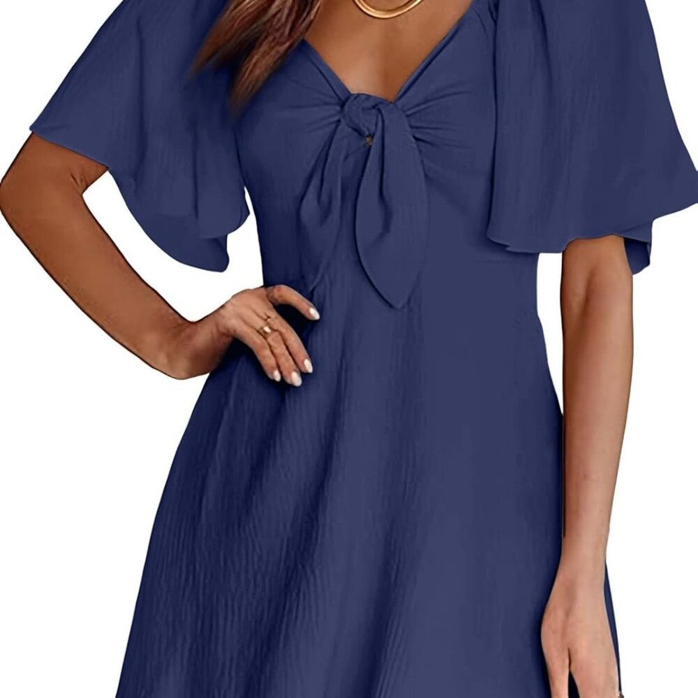Womens Dresses 2025 Summer Fall Deep V Neck Elegant Bow Tie Mini Dress S-Xl
